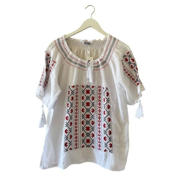 Ouwei Tops - Ouwei White Red Black Embroidered Ethnic Festival Blouse SZ XL #2488